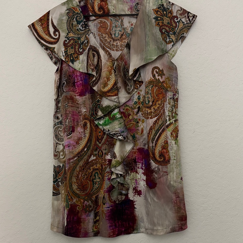 Vintage Basler Multicolor sleeveless Paisley Ruffle Blouse size FR 38/8